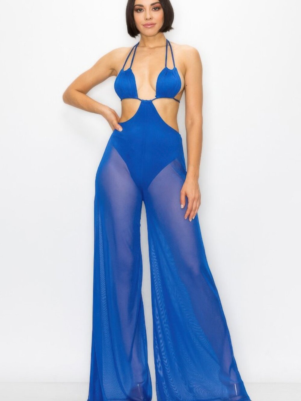 Brand New Ladies Royal Blue Bikini Top Wide Leg Jumpsuit Size Small Beachwear - Picture 3 of 5